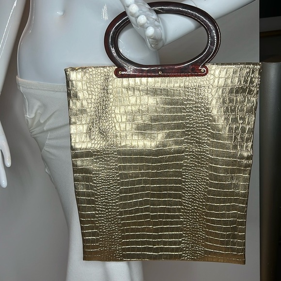 Vintage Lady's Pride Gold Croc Embossed  Folding Lucite Double Handle Tote Bag - Picture 1 of 11
